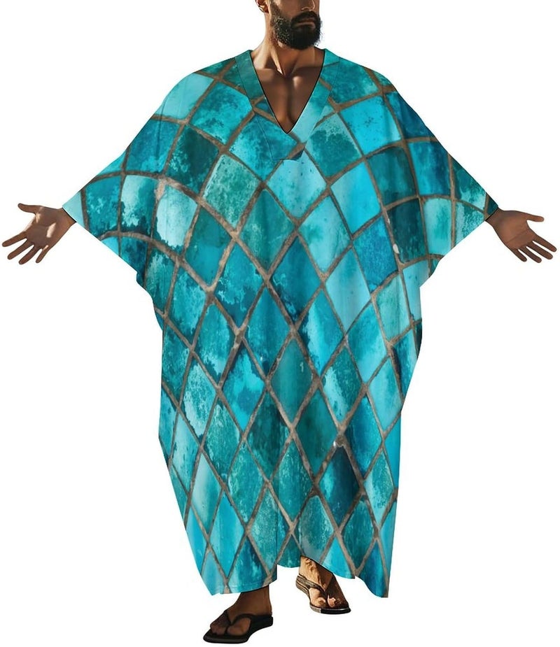 Hegropy Turquoise Blue Pattern Men's V-neck Robe Middle East Arabian Robe Butterfly Sleeves Kaftan - Image 1